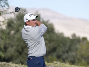 Robert Garrigus watches his tee shot from second hole during the second round of the Shriners Hospitals for Children Open golf tournament at TPC at Summerlin in Las Vegas, Friday, Nov. 3, 2017. (Richard Brian/Las Vegas Review-Journal via AP)