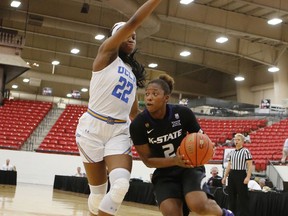 Kansas State's Cymone Goodrich (2) drives the ball around UCLA's Kennedy Burke (22) during the first half of an NCAA college basketball game Friday, Nov. 24, 2017, in Las Vegas. (AP Photo/Marc Sanchez)