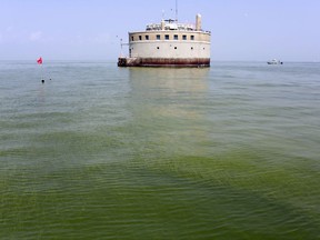 FILE – In this Aug. 3, 2014, file photo, the water intake crib for the city of Toledo, Ohio, is surrounded by an algae bloom on Lake Erie, about 2.5 miles off the shore of Curtice, Ohio.  Ohio's strategy for sharply reducing what's making algae flourish in Lake Erie clearly shows that changes in farming methods are what's needed. The blueprint also has a long list of ways to do that, researchers say, but it lacks a clear direction on what to do next.  (AP Photo/Haraz N. Ghanbari, File)