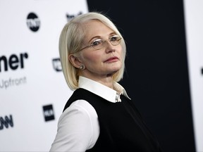 FILE - In this May 17, 2017 file photo, Actress Ellen Barkin attends the Turner Network 2017 Upfront presentation at The Theater at Madison Square Garden in New York. Barkin has scared away a burglar at her Manhattan home. Police told Newsday on Friday, Nov. 3,  that Barkin surprised the burglar early Wednesday. The 63-year-old Barkin told officers she saw a man on the balcony and held the door closed while he tried to push it in. The burglar fled. (Photo by Evan Agostini/Invision/AP, File)