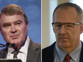 FILE - At left, in an Oct. 25, 2017, file photo, Atlantic Coast Conference Commissioner John Swofford speaks during the ACC men's NCAA college basketball media day, in Charlotte, N.C. At right, in an Aug. 16, 2017, file photo, Southeastern Conference Commissioner Greg Sankey arrives at an NCAA hearing on North Carolina's ongoing academic case, in Nashville, Tenn. There are sophisticated mazes of runners acting as go-betweens separating athletes from unscrupulous sports agents and financial advisers. Unraveling those ties to get at the corruption in college sports takes time, money and dedicated manpower _ resources often in limited supply for authorities seeking to enforce sports agent laws that exist in at least 40 states. That explains why two major figures in college sports _ ACC Commissioner Swofford and SEC Commissioner Sankey, recently told The Associated Press they support authorities pursuing these cases. (AP Photo/Mark Zaleski, File)