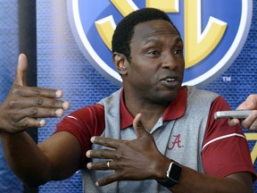 FILE - In this Oct. 19, 2016, file photo, Alabama coach Avery Johnson answers a question during the Southeastern Conference men's NCAA college basketball media day, in Nashville, Tenn. The arrival of a talented freshman class has Alabama believing it can earn its first NCAA Tournament berth since 2012.  (AP Photo/Mark Zaleski, File)