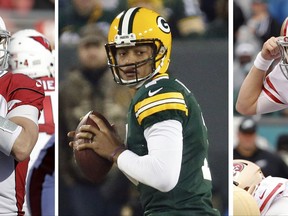 FILE - From left are 2017 file photos showing Arizona Cardinals quarterback Drew Stanton (5),  Green Bay Packers quarterback Brett Hundley and San Francisco 49ers quarterback C.J. Beathard. The shakeup under center around the league has left the position a mish-mosh of big names, no names, youngsters and veterans who may or may not be part of their teams' futures. (AP Photo/File)