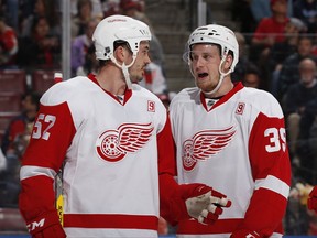 FILE - In this Friday, Dec. 23, 2016 file photo, Detroit Red Wings left wing Anthony Mantha (39) talks to Detroit Red Wings defenseman Jonathan Ericsson (52) during the first period of an NHL hockey game in Sunrise, Fla. The Detroit Red Wings have been fading from elite status in the NHL for nearly a decade and a new arena isn't going to do much to fix their problems. They have a lot of players who belong in the league, but they don't have any stars to lead the franchise back to prominence, Tuesday, Nov. 7, 2017. (AP Photo/Joel Auerbach, File)