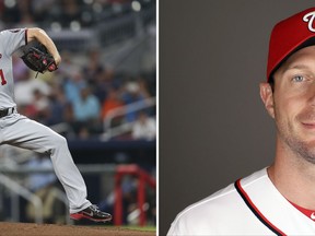 FILE - At left is a Sept. 19, 2017, file photo showing Washington Nationals pitcher Max Scherzer working against the Atlanta Braves in the first inning of a baseball game in Atlanta. At right is Scherzer in a 2017 file photo. Max Scherzer and Clayton Kershaw duel for the NL Cy Young Award while Corey Kluber and Chris Sale top the candidates for the AL prize. The Cy Young Awards are announced Wednesday, Nov. 15, 2017.  (AP Photo/File)