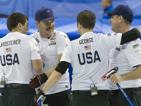 FILE - In this April 10, 2016, file photo, United States lead John Landsteiner, second Matt Hamilton, third Tyler George and skip John Shuster, from left, cheer after winning the bronze medal game against Japan at the men's world curling championships in Basel, Switzerland. When action in his game at the U.S. Olympic curling trials is in a lull, Matt Hamilton admits he takes a peek at the adjacent sheet of ice to see how his sister Becca is faring. Matt and Becca Hamilton of McFarland, Wisconsin, are competing this week at the U.S. Olympic curling trials in Omaha, Nebraska, for spots on the men's and women's teams that will compete in the Winter Olympics. (Georgios Kefalas/Keystone via AP, File)