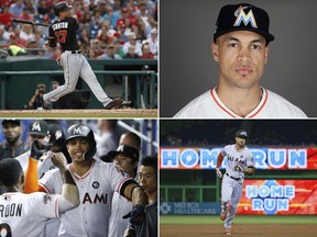 FILE - Clockwise from top left are 2017 file photos showing: Miami Marlins' Giancarlo Stanton hitting a two-run home run during the third inning against the Washington Nationals in Washington; Giancarlo Stanton in 2017;  Stanton running to third after hitting a two-run home run during the first inning against the Philadelphia Phillies in Miami; and Marlins' Giancarlo Stanton, right, and Dee Gordon (9) celebrating after Stanton's home run during the fourth inning against the New York Mets in Miami. Houston dynamo Jose Altuve and Yankees slugger Aaron Judge are the favorites for the AL MVP award while Miami Marlins' Giancarlo Stanton is the top candidate for the NL prize, to be announced Thursday, Nov. 16, 2017. (AP Photo/File)