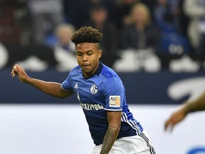 FILE - In this Sept. 10, 2017, file photo, Schalke's Weston McKennie runs for the ball during the German Bundesliga soccer match against VFB Stuttgart at the Arena in Gelsenkirchen, Germany. McKennie could make his U.S. national team debuts in a Nov. 14 exhibition at Portugal. (AP Photo/Martin Meissner, File)