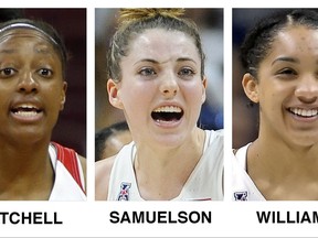 These undated file photos show The Associated Press preseason All-America women's NCAA college basketball team. They are, from left, A'ja Wilson, from South Carolina; Kelsey Mitchell, from Ohio State; Katie Lou Samuelson, of UConn; Gabby Williams, of UConn and Napheesa Collier, UConn. (AP Photo/File)