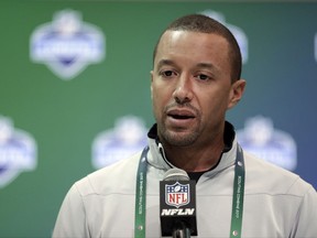 FILE- in this March 1, 2017, file photo, Cleveland Browns general manager Sashi Brown speaks during a press conference at the NFL Combine in Indianapolis. Sashi Brown dismissed the idea he sabotaged the trade with Cincinnati for quarterback AJ McCarron that fell apart last week. The teams failed to submit the proper paperwork to complete the trade before the NFL's 4 p.m. deadline, and the inability to execute the deal led to speculation that Brown intentionally scuttled the swap. Brown said that narrative "is wholly untrue." (AP Photo/Michael Conroy, File)