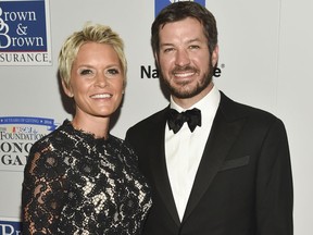 FILE - In this Sept. 27, 2016, file photo, NASCAR driver Martin Truex Jr. and girlfriend Sherry Pollex attend the NASCAR Foundation's inaugural honors gala at the Marriott Marquis in New York. Truex and partner Sherry Pollex on Wednesday, Nov. 29, 2017,  won the prestigious Myers Brothers Award _ the top honor in NASCAR's season-ending awards celebration _ for their charitable work.(Photo Evan Agostini/Invision/AP, File)