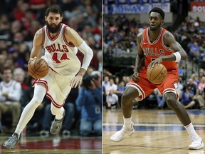 FILE - At left, in a Jan. 2, 2017, file photo, Chicago Bulls forward Nikola Mirotic brings the ball up court against the Charlotte Hornets during the second half of an NBA basketball game in Chicago. At right, in an Oct. 4, 2017, file photo, Chicago Bulls' Bobby Portis (5) handles the ball during a preseason NBA basketball game against the Dallas Mavericks, in Dallas. Mirotic says he has accepted Portis' apology, more than a month after the two teammates had an ugly altercation at practice. A day after he sat on the bench for the first time all season, Mirotic finally spoke publicly Wednesday, nov. 29, 2017, about the Oct. 17 incident that left him hospitalized with two facial fractures and a concussion. Portis served an eight-game suspension. Mirotic didn't return to practice until Monday. (AP Photo/File)