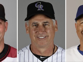 FILE - These are 2017 file photos showing Torey Lovullo, left, Bud Black, center and Dave Roberts. The American and National League baseball Managers of the Year will be announced Tuesday, Nov. 14, 2017. The NL favorites are Arizona's Tory Lovullo, Colorado's Bud Black and Dodgers' Dave Roberts. (AP Photo/File)