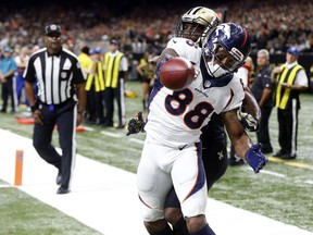 FILE - In this Nov. 13, 2016, file photo, Denver Broncos wide receiver Demaryius Thomas (88) pulls the ball away from New Orleans Saints cornerback Delvin Breaux (40) after a touchdown reception in the second half of an NFL football game in New Orleans. Thomas is closing in on a full year since scoring his last touchdown. Though he is on pace for a sixth consecutive 1,000-yard season, what he really wants is to end his streak without a touchdown and his next chance comes Sunday in Philadelphia. (AP Photo/John McCusker, File)