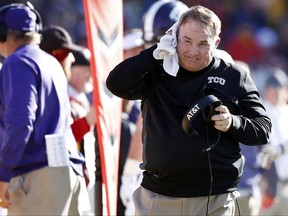 FILE - In this Saturday, Oct. 28, 2017, file photo TCU head coach Gary Patterson walks on the sideline during the first half of an NCAA college football game against Iowa State in Ames, Iowa. The Frogs are still tied for the conference lead and still in contention for a spot in the College Football Playoff, they were eighth in this week's initial CFP rankings. There are four games left in the regular season, starting Saturday night at home against Texas. (AP Photo/Charlie Neibergall, File)