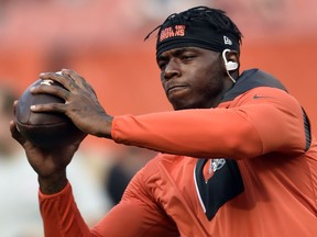 FILE - In this Sept. 1, 2016, file photo, Cleveland Browns wide receiver Josh Gordon warms up before an NFL preseason football game against the Chicago Bears in Cleveland. On the cusp of his return from NFL suspension, Browns wide receiver Josh Gordon says he used drugs or alcohol before every game of his career, Monday, Nov. 6, 2017. Gordon, who was reinstated on a conditional basis last week by Commissioner Roger Goodell, tells GQ magazine he drank or smoked marijuana before games. He added "a bunch of guys smoke weed before the game." (AP Photo/David Richard, File)