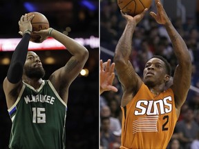 FILE - At left, in a March 6, 2017, file photo, Milwaukee Bucks' Greg Monroe (15) shoots during an NBA basketball game against the Philadelphia 76ers, in Philadelphia. At right, in a March 12, 2017, file photo, Phoenix Suns guard Eric Bledsoe (2) shoots over a Portland Trail Blazers defender during an NBA basketball game, in Phoenix. A person with knowledge of the deal says the Phoenix Suns have agreed to trade disgruntled guard Eric Bledsoe to the Milwaukee Bucks for big man Greg Monroe and two 2018 draft picks. The deal includes a protected first-round and a protected second-round draft pick, according to the person who spoke Tuesday, Nov. 7, 2017,  on condition of anonymity because the trade first reported by ESPN had not yet been finalized.(AP Photo/File)