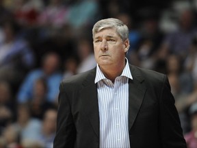 FILE - In this Aug. 29, 2015, file photo, Bill Laimbeer, then the coach of the New York Liberty, watches the team's WNBA basketball game against the Connecticut Sun in Uncasville, Conn. Laimbeer and the Las Vegas franchise hit the jackpot, winning the WNBA draft lottery on Monday, Nov. 13, 2017.  "Having the first pick will help to grow a fan base and this will go a long way towards that," Laimbeer, coach and president of the Las Vegas franchise, said in a phone interview. "I'm excited that we'll add a great piece to the puzzle." (AP Photo/Jessica Hill, File)
