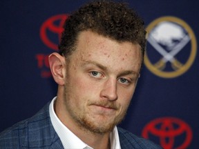 FILE - In this Oct. 4,2017, file photo, Buffalo Sabres forward Jack Eichel addresses the media during an NHL hockey news conference, in Buffalo, N.Y. Eichel says frustrations are beginning to eat away at the Buffalo Sabres over their slow start to the season. Rather than sit and mope, or talk about the need to play better, the Sabres franchise player says, "there's no better time than now" for the team to begin showing it on the ice. Eichel spoke Tuesday morning, Nov. 7, 2017, before Buffalo returned from a three-day break to host the Washington Capitals. (AP Photo/Jeffrey T. Barnes, File)