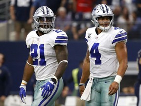 FILE - In this Oct. 1, 2017, file photo, Dallas Cowboys running back Ezekiel Elliott (21) and quarterback Dak Prescott (4) walk off the field after an unsuccessful two-point conversion in the second half of an NFL football game against the Los Angeles Rams in Arlington, Texas. Barring a late legal change, Prescott is set to operate the Dallas offense for six games without suspended running back Ezekiel Elliott. The Cowboys quarterback says he will be prepared for the first separation of last year's dynamic rookie combo, starting Sunday, Nov. 5, against Kansas City.(AP Photo/Ron Jenkins, File)