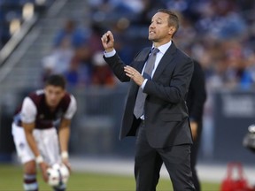 FILE - In this June 17, 2017, file photo, Portland Timbers coach Caleb Porter gestures during the first half of the team's MLS soccer match against the Colorado Rapids in Commerce City, Colo. A person familiar with the decision confirms that Porter has parted ways with the Timbers. The person spoke to The Associated Press on condition of anonymity because an official announcement had not been made by the team. (AP Photo/David Zalubowski, File)