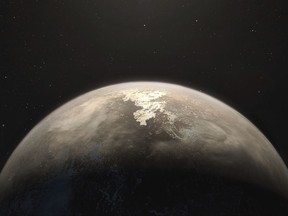 This illustration made available by the European Southern Observatory on Wednesday, Nov. 15, 2017 shows the planet Ross 128 b, which orbits a red dwarf star, 11 light-years from Earth. The exoplanet is the second-closest to be detected yet outside our solar system with surface temperatures potentially similar to ours. (M. Kornmesser/ESO via AP)