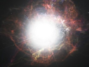 This illustration made available by the European Southern Observatory in 2014 shows shows dust surrounding a supernova explosion. On Wednesday, Nov. 8, 2017, astronomers reported that a star 500 million light-years away exploded in 1954 and apparently again in 2014. The research confounds scientists who thought they knew how dying stars ticked. (M. Kornmesser/ESO via AP)