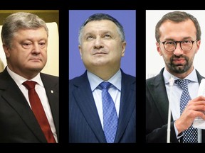 This combination of photos shows from left, Ukranian President Petro Poroshenko, Ukrainian Interior Minister Arsen Avakov, and Ukranian parliamentarian and former investigative journalist Serhiy Leshchenko. The three are among the Ukranian targets of the hacking group Fancy Bear which attempted to break into at least 545 accounts including half a dozen current and former ministers and as many as two dozen current and former lawmakers. (AP Photo)