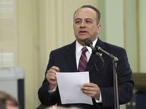 FILE - In this Thursday, May 4, 2017, file photo, Assemblyman Raul Bocanegra, D-Pacoima speaks at the Capitol, in Sacramento, Calif. Bocanegra is resigning immediately following multiple allegations of sexual misconduct. Legislative staffer Elise Flynn Gyore says Bocanegra put his hands inside her blouse at an after-work event at a Sacramento nightclub in 2009. Both were legislative staff members at the time. (AP Photo/Rich Pedroncelli, File)