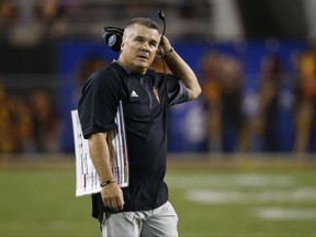 FILE - In this Sept. 9, 2017, file photo, Arizona State coach Todd Graham stands on the field during the first half of the team's NCAA college football game against San Diego State in Tempe, Ariz. Arizona State fired Graham on Sunday, Nov. 26, after six seasons with the Sun Devils that earned five bowl trips. (AP Photo/Ross D. Franklin, File)