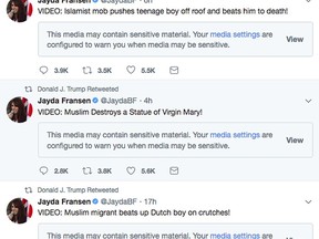 This screenshot from President Donald Trump's Twitter account shows three retweets that he posted early Wednesday morning, Nov. 29, 2017, from the account of Jayda Fransen, the deputy leader of the British far-right fringe group Britain First. The origins of the videos in the tweets could not immediately be determined. They purport to show violence being committed by Muslims. (Twitter via AP)