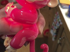This Thursday, Nov. 9, 2017, photo provided by Amy B. Stepp shows a fake Fingerling that she received after paying $17 on Amazon for what she thought was a real Fingerlings monkey. Shoppers rushing to buy Fingerlings, one of this holiday season's already hard-to-find toys, say that they are being fooled into buying fakes through Amazon and Walmart.com. (Amy B. Stepp via AP)