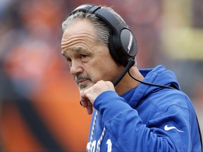FILE - In this Oct. 29, 2017, file photo, Indianapolis Colts head coach Chuck Pagano works the sidelines in the first half of an NFL football game against the Cincinnati Bengals in Cincinnati. Other than Hue Jackson in Cleveland, the fire figures to burn very hot under the Buccaneers' Dirk Koetter; the Giants' Ben McAdoo; the Bengals' Marvin Lewis, whose contract is up this year; yet the Colts' Pagano, could get a pass because he's had no luck with his passer. (AP Photo/Gary Landers, File)