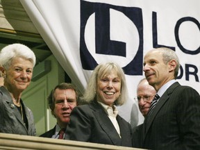 FILE - In this June 23, 2008, file photo, members of the Tisch family, from left, Wilma, Andrew, Joan, James, and Jonathan Tisch, attend the opening bell ceremony at the New York Stock Exchange in New York. Joan Tisch, a noted philanthropist and the widow of former New York Giants co-owner Bob Tisch, has died at 90. The NFL football team said she died Thursday, Nov. 2, 2017, after a brief illness but did not give a cause. (AP Photo/Mark Lennihan, File)