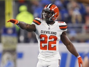 FILE - In this Nov. 12, 2017, file photo, Cleveland Browns free safety Jabrill Peppers (22) gestures during an NFL football game against the Detroit Lions in Detroit. Peppers was fined $24,000 by the NFL for his illegal hit on Bengals receiver Josh Malone last Sunday. Peppers believes he led with his shoulder and his hit was within the rules and plans to appeal the fine.  (AP Photo/Paul Sancya, File)
