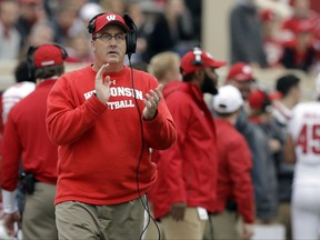 FILE - In this Nov. 4, 2017, file photo, Wisconsin head coach Paul Chryst watches during the second half of an NCAA college football game against Indiana in Bloomington, Ind. The Big Ten may not have a team in the College Football Playoff for the first time since it started in 2014. No. 6 Wisconsin, the leader in the West Division, is 9-0 and still very much a playoff contender. But the playoff selection committee has the Badgers ranked eighth because of a resume light on marquee victories. (AP Photo/Darron Cummings, File)