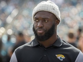 FILE - In this Sunday, Nov. 5, 2017, file photo, Jacksonville Jaguars running back Leonard Fournette watches as his team plays the Cincinnati in during the first half of an NFL football game in Jacksonville, Fla. Fournette and cornerback Jalen Ramse  are expected to speak publicly Wednesday, Nov. 8, 2017,  for the first time since Ramsey's ejection for fighting and Fournette's violation of team rules that got him benched for a game. (AP Photo/Stephen B. Morton, File)