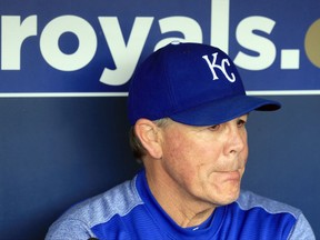 FILE - In this Aug. 29, 2017, file photo, Kansas City Royals manager Ned Yost listens to a reporter's question before a baseball game against the Tampa Bay Rays at Kauffman Stadium in Kansas City, Mo. Yost broke a pelvis and several ribs during a fall on his property in Georgia, Saturday, Nov. 4,  when a deer stand he was working on gave way and fell to the ground, Kansas City spokesman Mike Swanson said.  (AP Photo/Orlin Wagner, File)