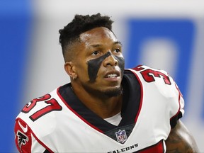 FILE - In this Sept. 24, 2017, file photo, Atlanta Falcons free safety Ricardo Allen warms up before an NFL football game in Detroit. When the Cowboys and the Falcons meet Sunday in a critical NFC match, the winner will be in solid position for a run toward the playoffs. (AP Photo/Paul Sancya, File)