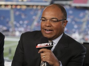 FILE - In this Sept. 14, 2009, file photo, ESPN broadcaster Mike Tirico speaks before an NFL football game between the New England Patriots and the Buffalo Bills in Foxborough, Mass.  Tirico will be NBC's prime-time host for the Winter Olympics, which begin a few days after the Super Bowl in February 2018. (AP Photo/Steven Senne, File)