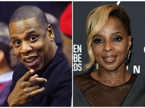 This combination photo shows rapper Jay-Z appears at a NBA basketball game between the Los Angeles Clippers and the Golden State Warriors in Los Angeles on Dec. 7, 2016, left, and Mary J Blige attends the HFPA and InStyle Celebrate the 2018 Golden Globe Awards Season in West Hollywood, Calif., on Nov. 15, 2017.  Blige and Jay-Z are the most-nominated artists with five each at the upcoming NAACP Image Awards. The winners will be announced during a two-hour show on Jan. 15 hosted by Anthony Anderson of "black-ish" and broadcast live on the TV One network. (AP Photo/File)