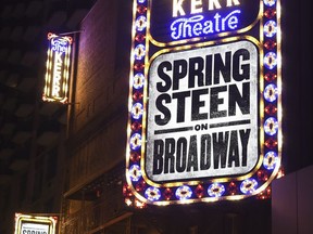 FILE - This Oct. 12, 2017 photo shows the marquee for "Springsteen On Broadway" at the Walter Kerr Theatre in New York. Springsteen said Monday, Nov. 27, that his one-man show will extend a second time to June 30. He had previously planned to end in February. (Photo by Evan Agostini/Invision/AP, File)