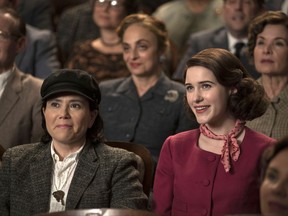 This image released by Amazon shows Alex Borstein as Susie Myerson, left, and Rachel Brosnahan as Midge Maisel in "The Marvelous Mrs. Maisel." (Nicole Rivelli/Amazon via AP)