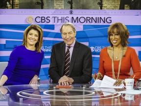 This image released by CBS shows, from left, Norah O'Donnell, Charlie Rose and Gayle King on the set of "CBS This Morning." Rose's co-hosts on "CBS This Morning" sharply condemned their suspended colleague Tuesday, Nov. 21, 2017, after the airing of sexual misconduct allegations that included groping female staffers and walking around naked in front of them, saying that it's a time of reckoning in society. (CBS via AP)