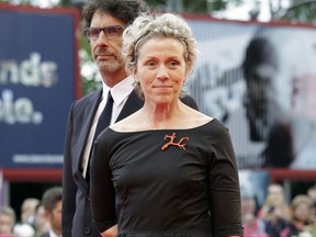 FILE - In this Sept. 1, 2014 file photo, actress Frances McDormand appears at the 71st edition of the Venice Film Festival, in Venice. McDormand stars as a woman consumed with rage because the rape and murder of her teenage daughter has gone unsolved after a year in "Three Billboards Outside Ebbing, Missouri." (AP Photo/Andrew Medichini, File)