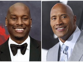 This combination photo shows Tyrese Gibson at the Black Girls Rock! Awards in Newark, N.J., left, and Dwayne "The Rock" Johnson  at the premiere of "Furious 7" on April 1, 2015, in Los Angeles. Tyrese, who stars with Johnson in "The Fast and the Furious" franchise, posted on social media that if Johnson returns for the film's ninth installment, he won't come back.  (AP Photo/File)