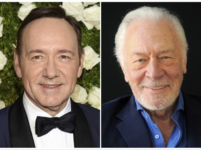 This combination photo shows Kevin Spacey at the Tony Awards in New York on June 11, 2017, left, and  Christopher Plummer during a portrait session in Beverly Hills, Calif. on July 25, 2013. Spacey is getting cut out of Ridley Scott's finished film "All the Money in the World" and replaced by Christopher Plummer just over one month before it's supposed to hit theaters. People close to the production who were not authorized to speak publicly say Plummer is commencing reshoots immediately in the role of J. Paul Getty. (AP Photo)
