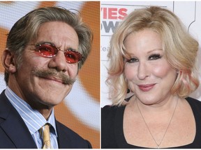 This combination photo shows Geraldo Rivera at "The Celebrity Apprentice" panel at the NBC 2015 Winter TCA in Pasadena, Calif., on Jan. 16, 2015, left, and Bette Midler at the 15th Annual Movies for Grownups Awards in Beverly Hills, Calif., on Feb. 8, 2016. Midler is renewing an allegation of sexual misconduct against Geraldo Rivera, a day after Rivera called the news business "flirty." In a tweet posted Thursday by Midler and confirmed by her publicist, the actress-singer called on Rivera to apologize for an assault she said occurred four decades ago. (Photo by Richard Shotwell, left, and Rich Fury/Invision/AP, File)