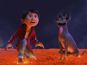 This image released by Disney-Pixar shows characters Miguel, voiced by Anthony Gonzalez, left, and Dante in a scene from the animated film, "Coco." (Disney-Pixar via AP)