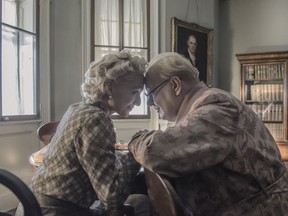 This image released by Focus Features shows Kristin Scott Thomas as Clementine, left, and Gary Oldman as Winston Churchill in a scene from "Darkest Hour." (Jack English/Focus Features via AP)